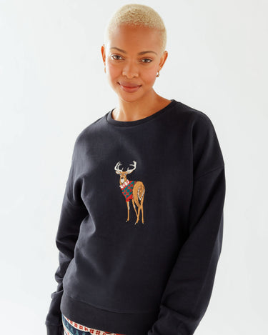 Navy Embroidered Reindeer Organic Cotton Sweatshirt